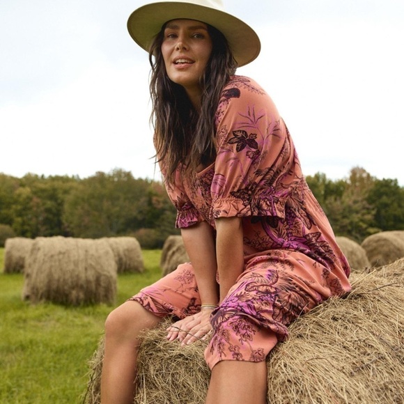 Anthropologie Maeve Birdsong Smocked Puff Sleeve Midi Dress Pink Birds Size M - Picture 7 of 16